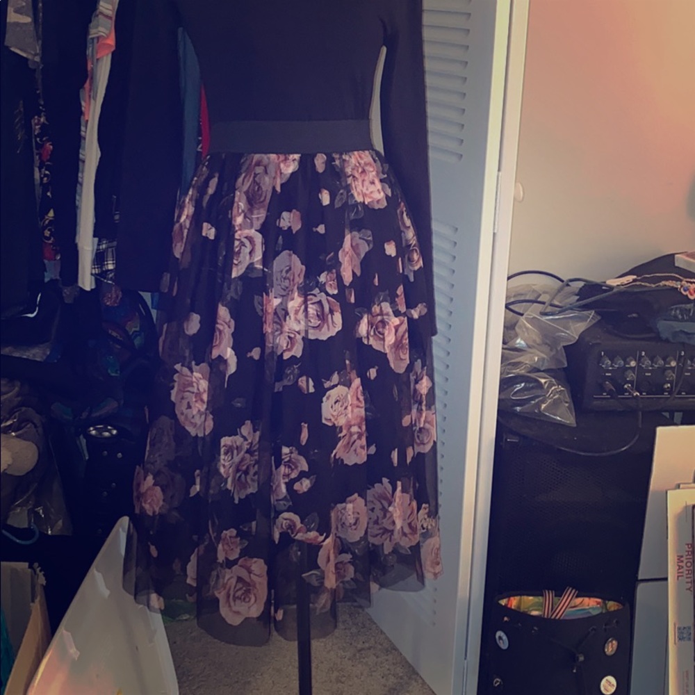 Torrid, long mesh roses skirt.